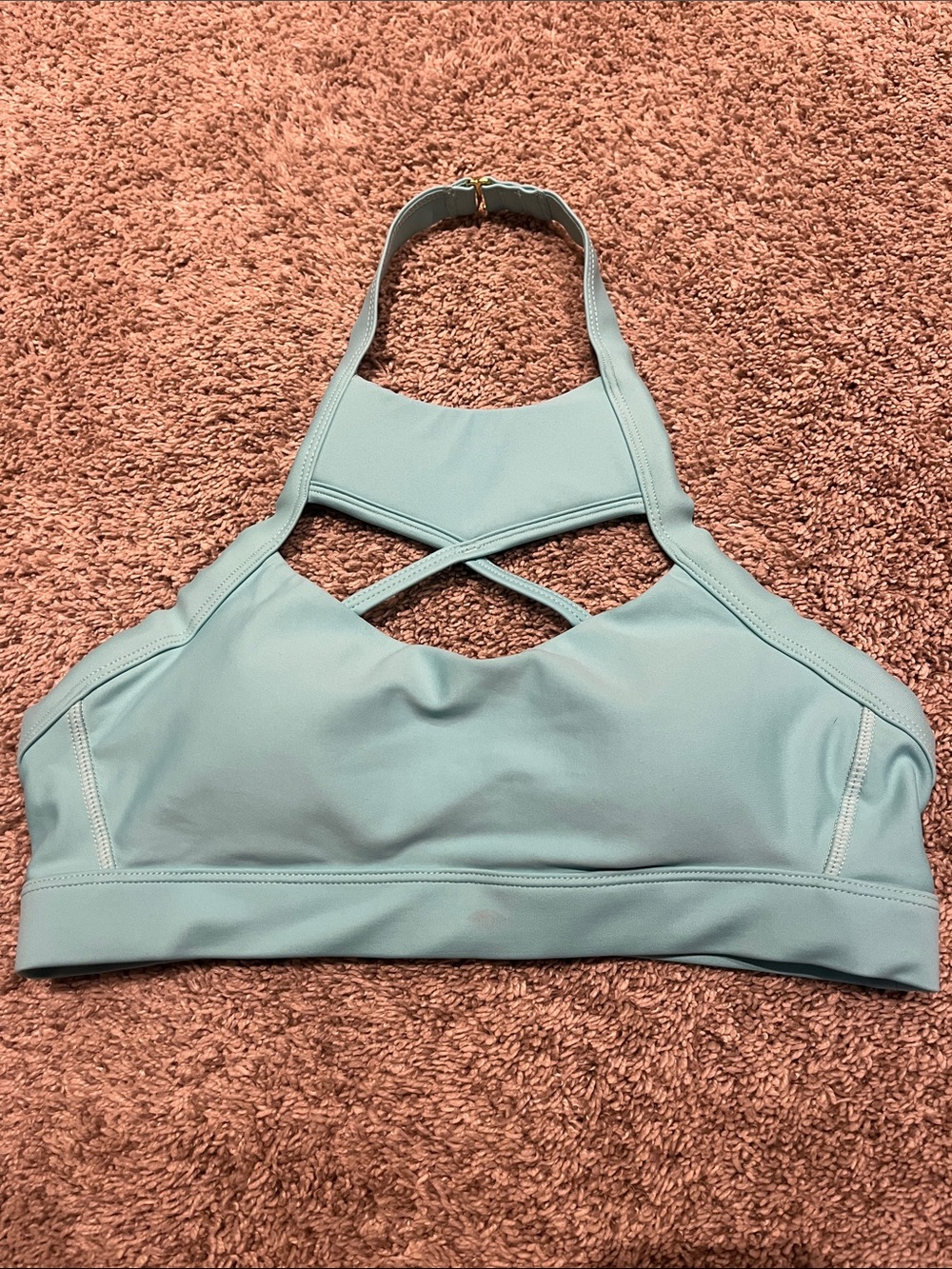 The Chestee + barbells colab Light Blue Crisscross Halter Sports Bra